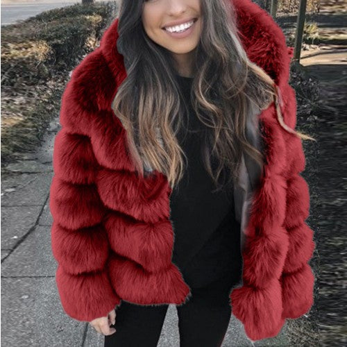 Women Faux Fox Fur With Hood Long Sleeve Jacket 11
