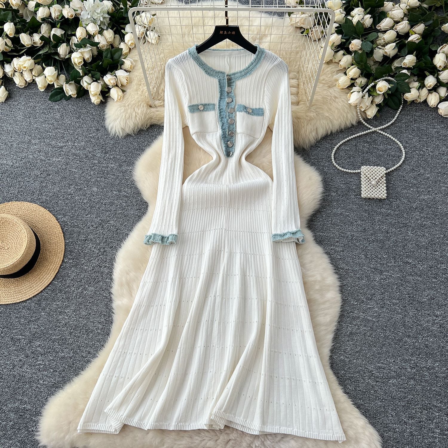 Women Fall/Winter Round Neck Denim Patchwork Long-Sleeved Knitting Dress 8