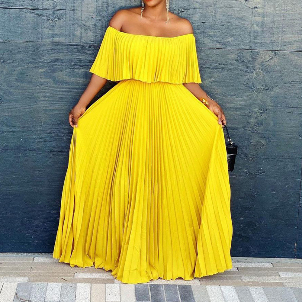Women Summer Sexy Off Shoulder Pleated Maxi Dress 3
