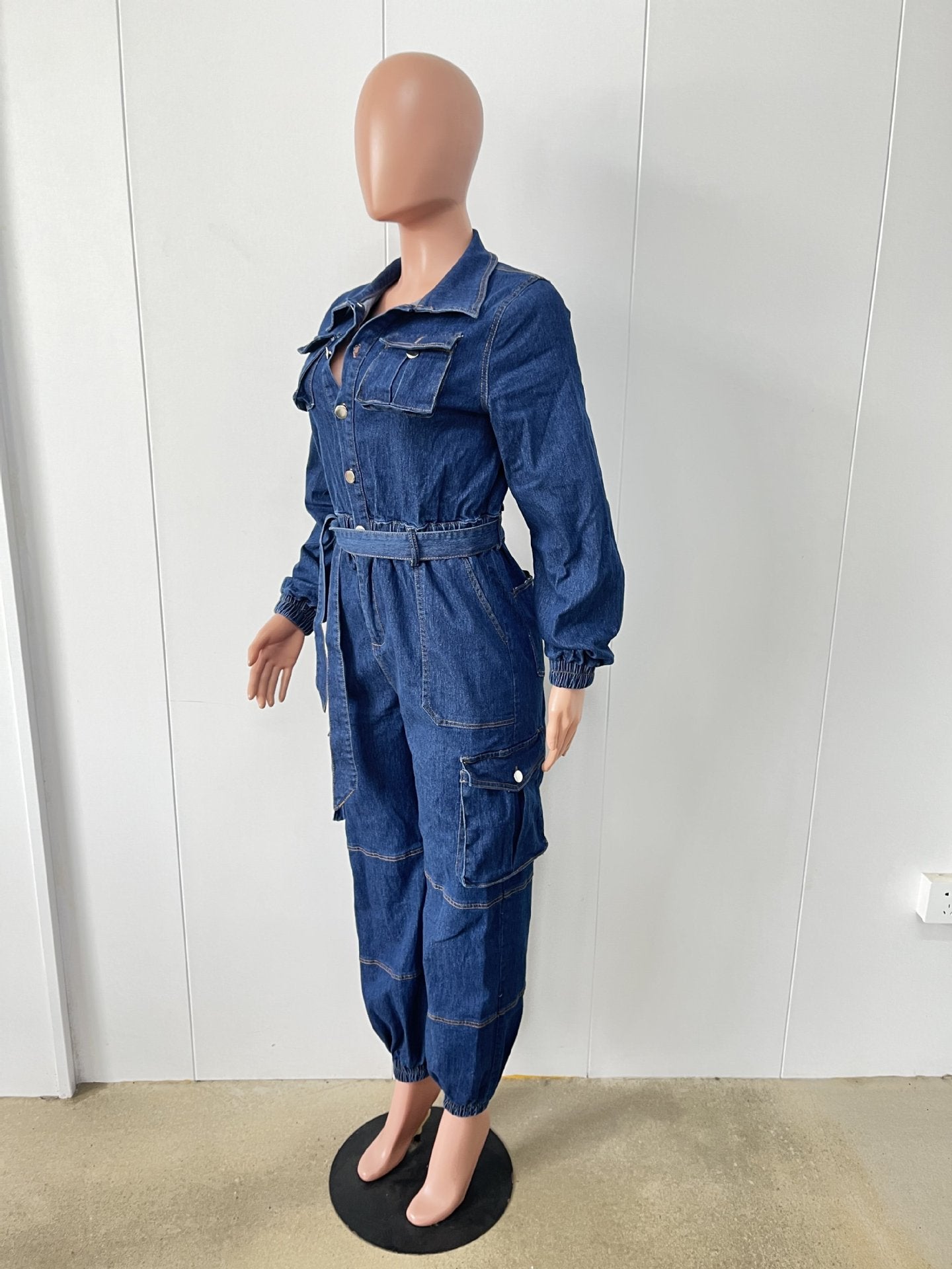 Stylish Street Style Slim Waist Tight Fitting Multi-Pocket Elastic Waist Denim Cargo Jumpsuit 9