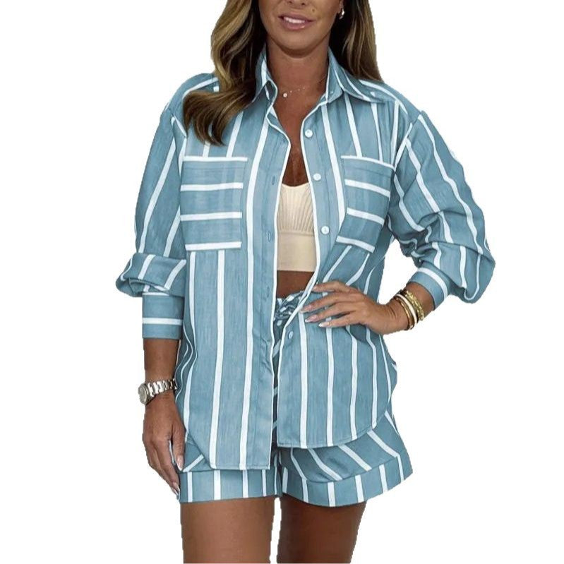 Spring and summer striped shirt shorts set 12