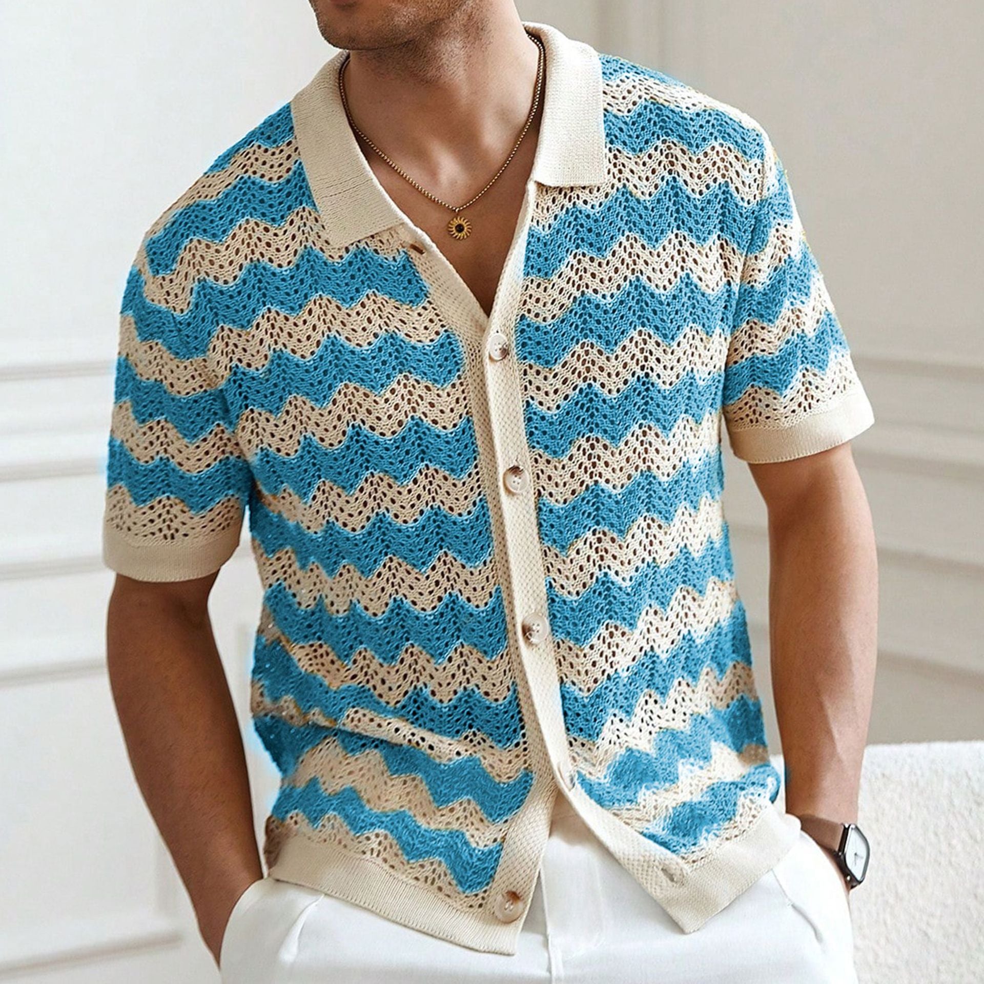 Men's American hollow jacquard ripple summer short-sleeved knitting polo T-shirt 5