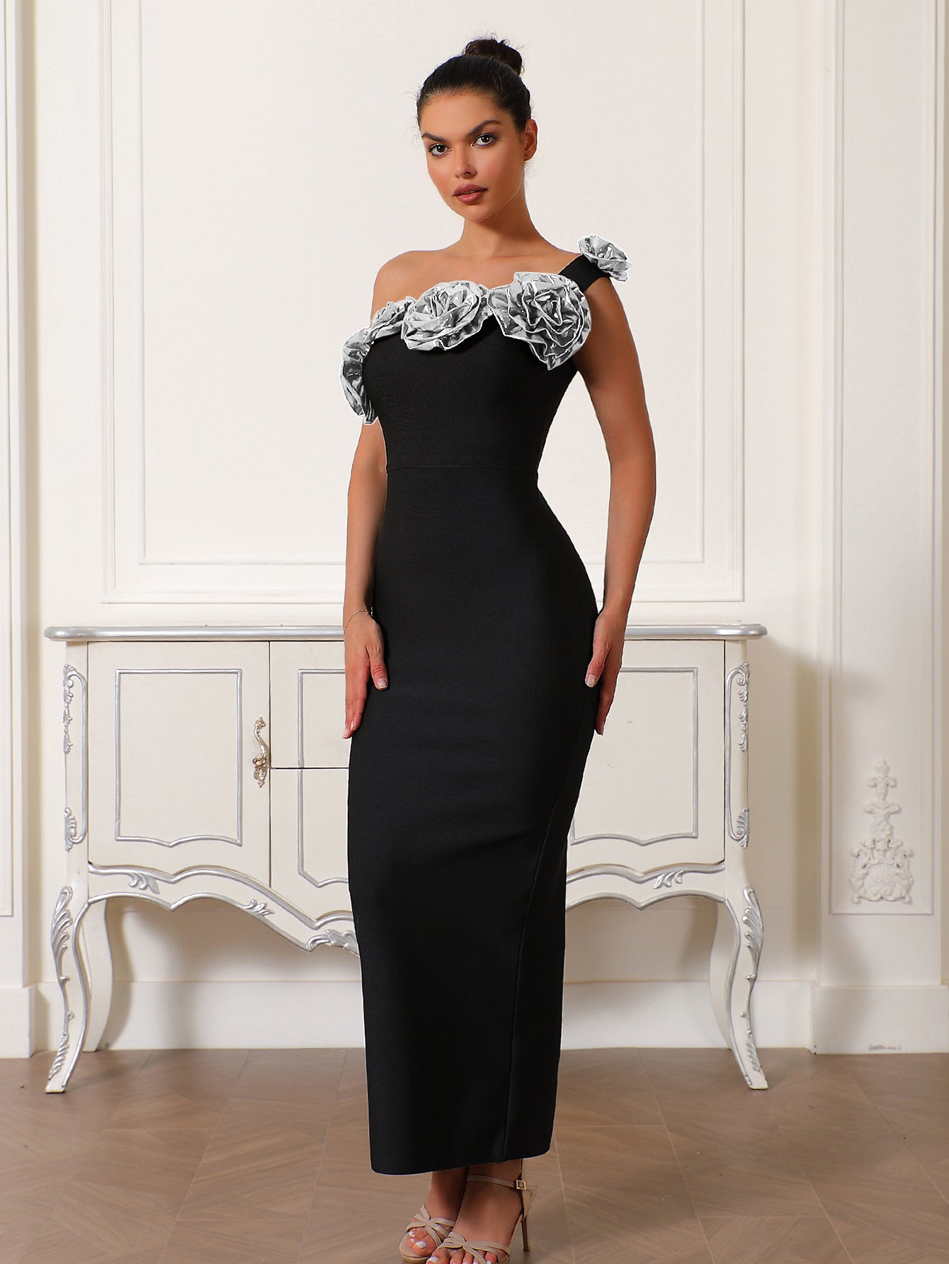 Women elegant party golden flower one-shoulder Bodycon bandage dress 9