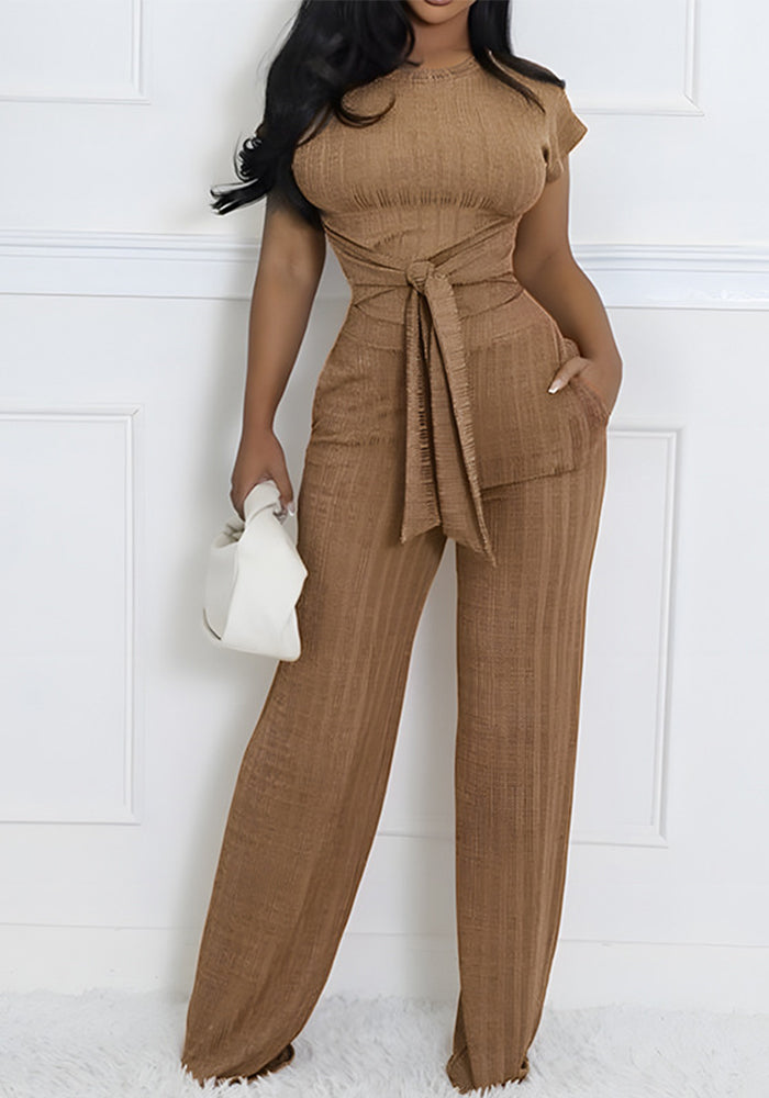 Summer Round Neck Casual Slim Fashion Short Sleeve Two Piece Pants Set