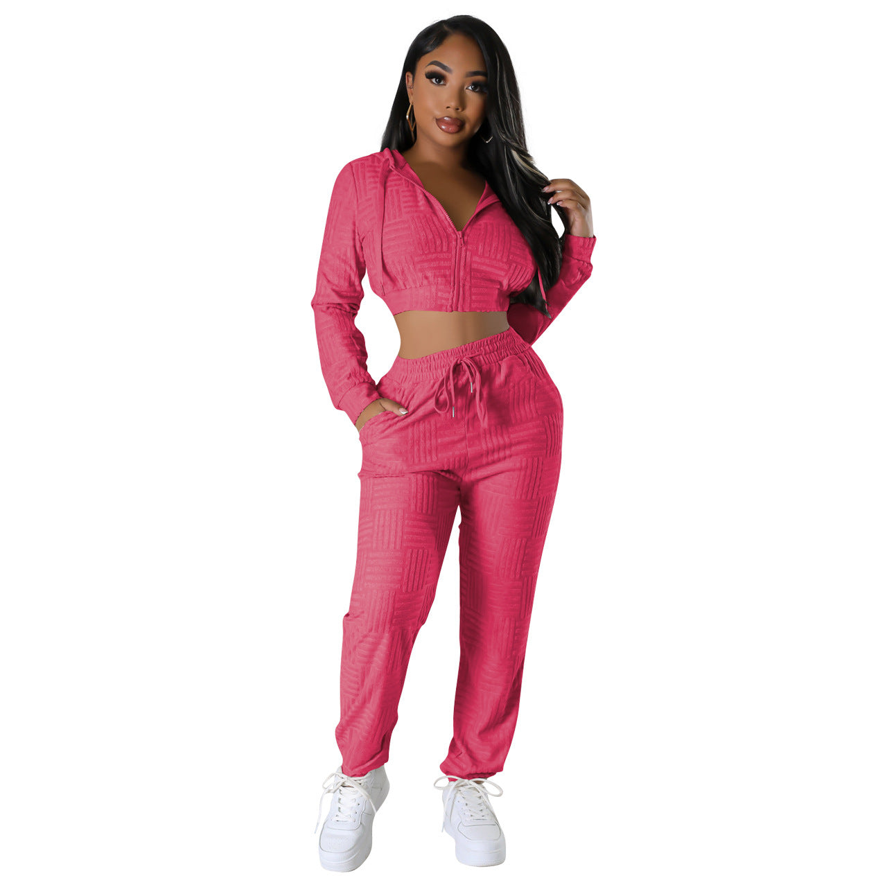 Women's Clothing Fashionable Solid Jacquard Zipper Hoodie Sweatpants Two-Piece Set 9