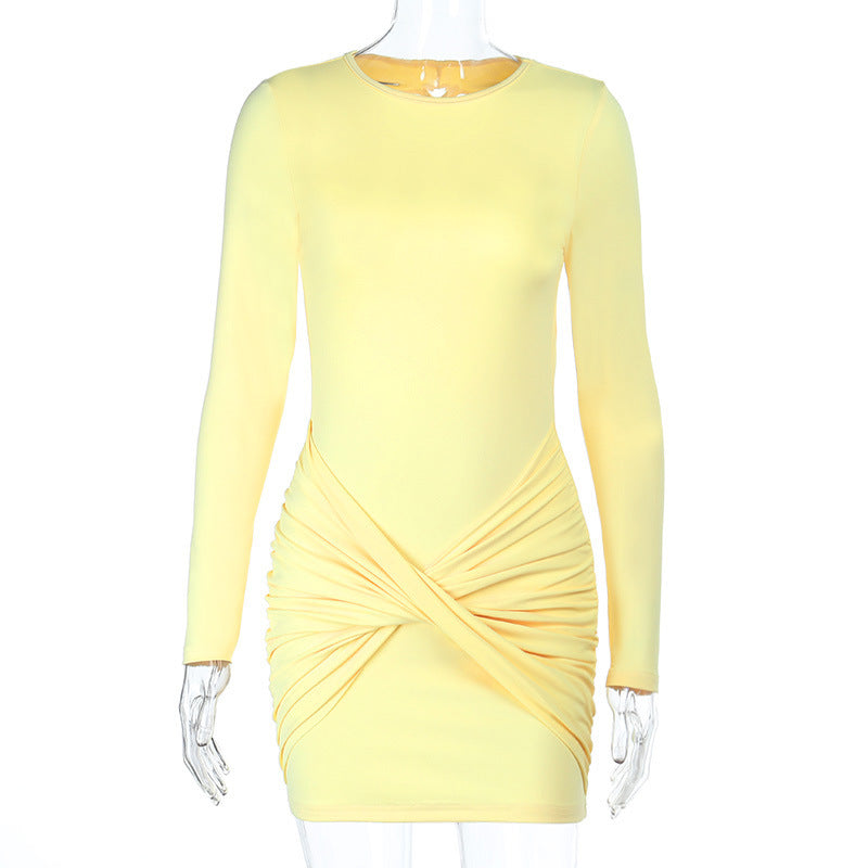 Women Backless Long Sleeve Knot Bodycon Sexy Solid Dress 6