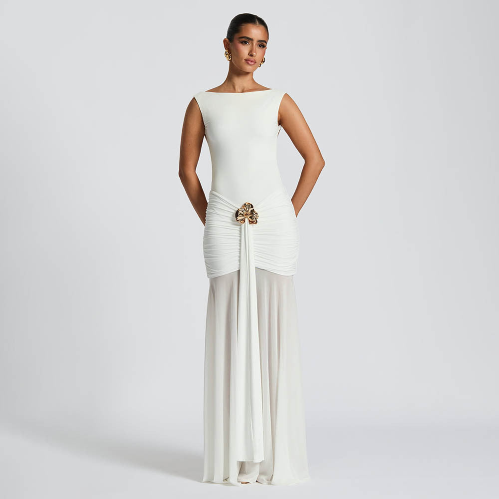 Women's Summer Sexy Solid Sleeveless Low Back Slit Pleated Long Dress