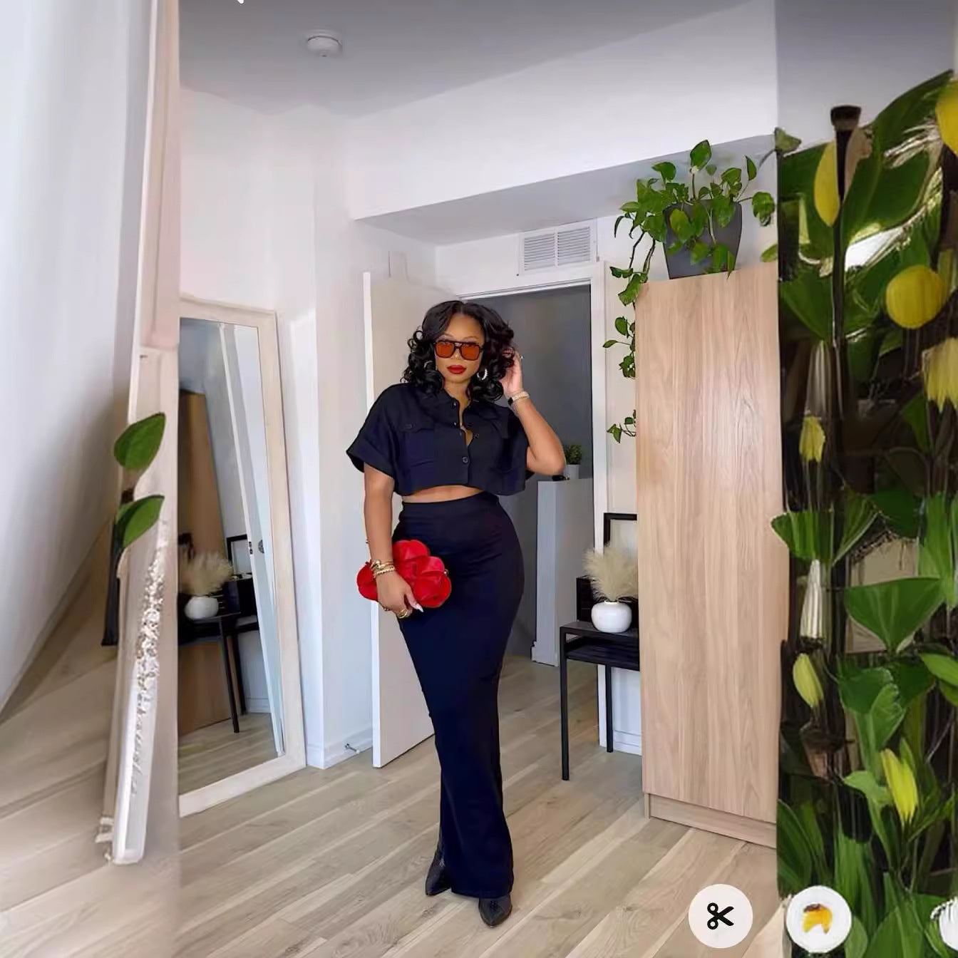 Spring Fashion Casual Black Short Sleeve Crop  Shirt Slim Fit Skirt Two Piece Set 5