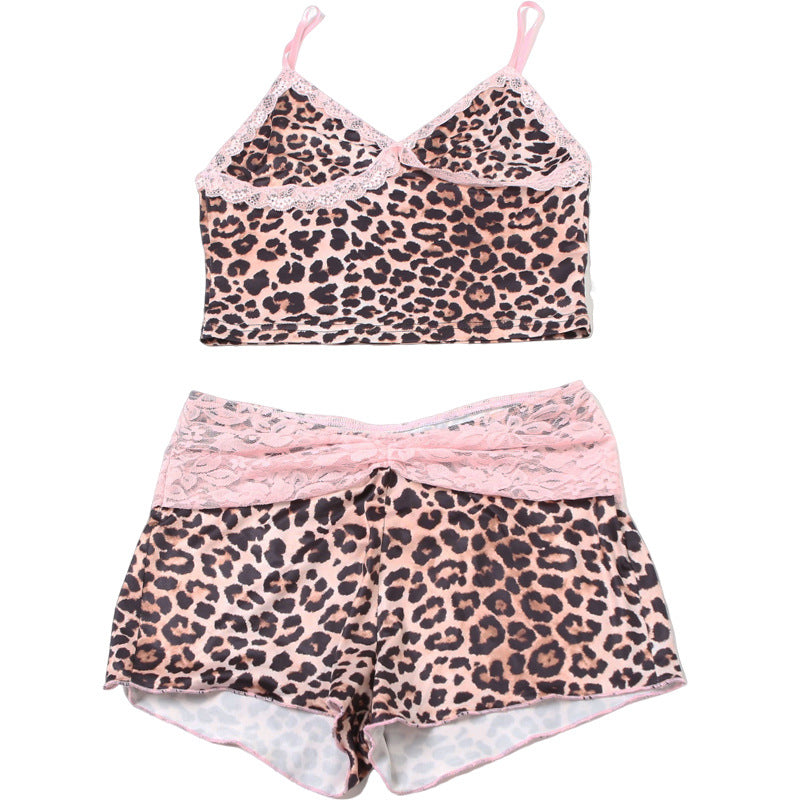 Women summer leopard print lace patchwork crop top and shorts two piece set 9