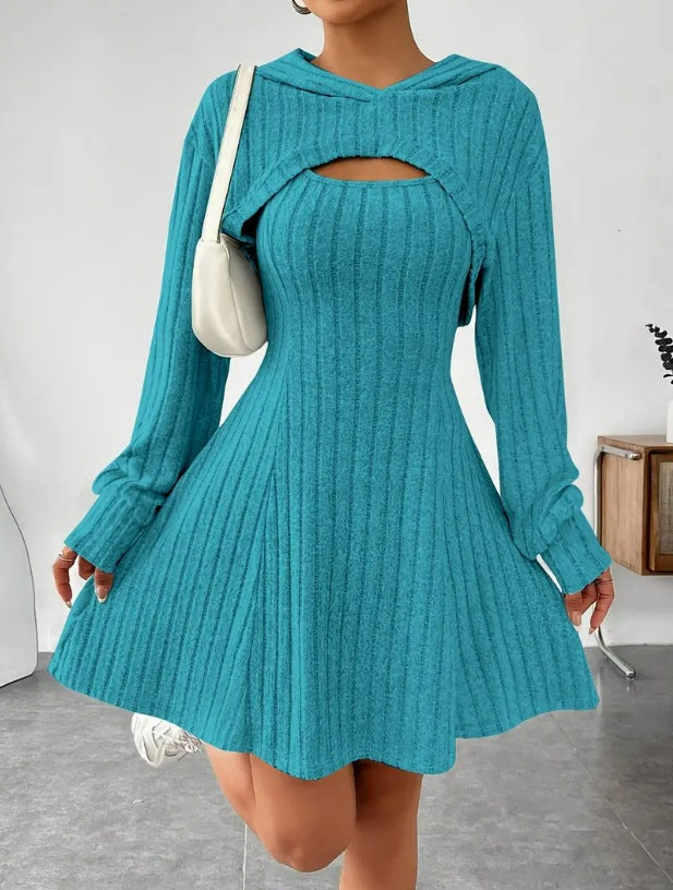 Long Sleeve Hoodie Top and Strap Square Neck A-Line Dress Set 22