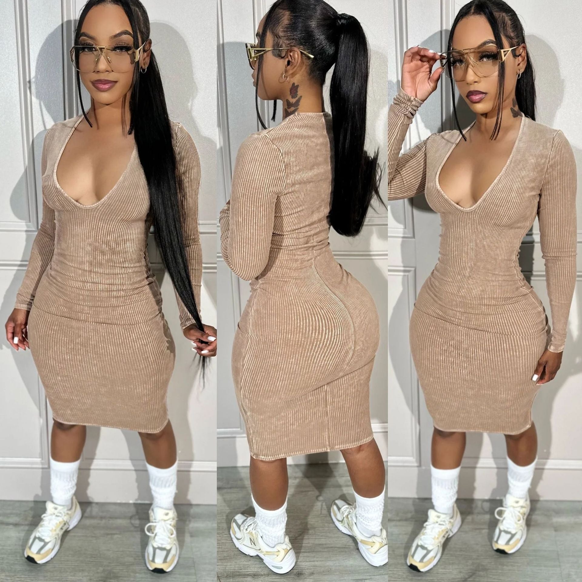 Women Ribbed Ribbed Long Sleeve V-Neck Sexy Bodycon Dress 7