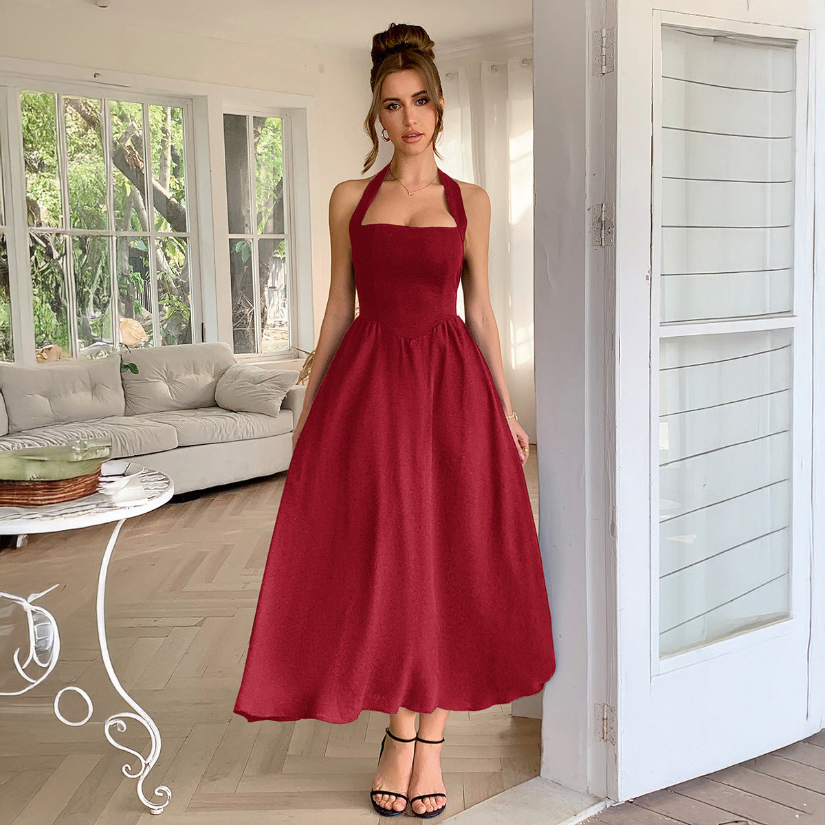 Women Elegant Holidays Halter Neck Waist Dress 9