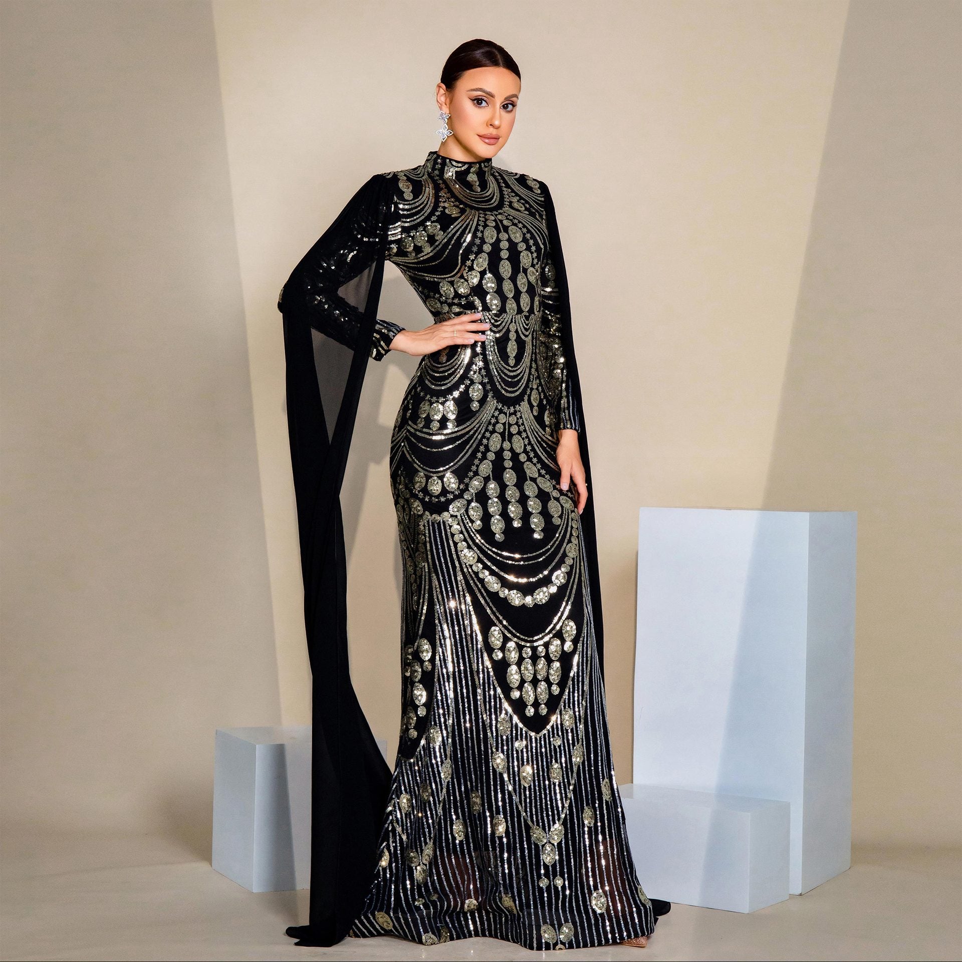Women Sexy Sequin Long Sleeve Round Neck Formal Party Maxi Evening Dress 3
