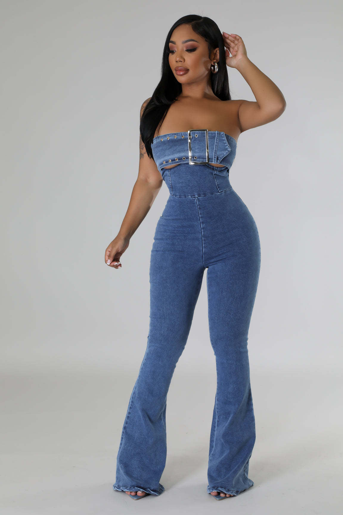 Women Casual Sexy Strapless Backless Adjustable Strap Denim Jumpsuit 4