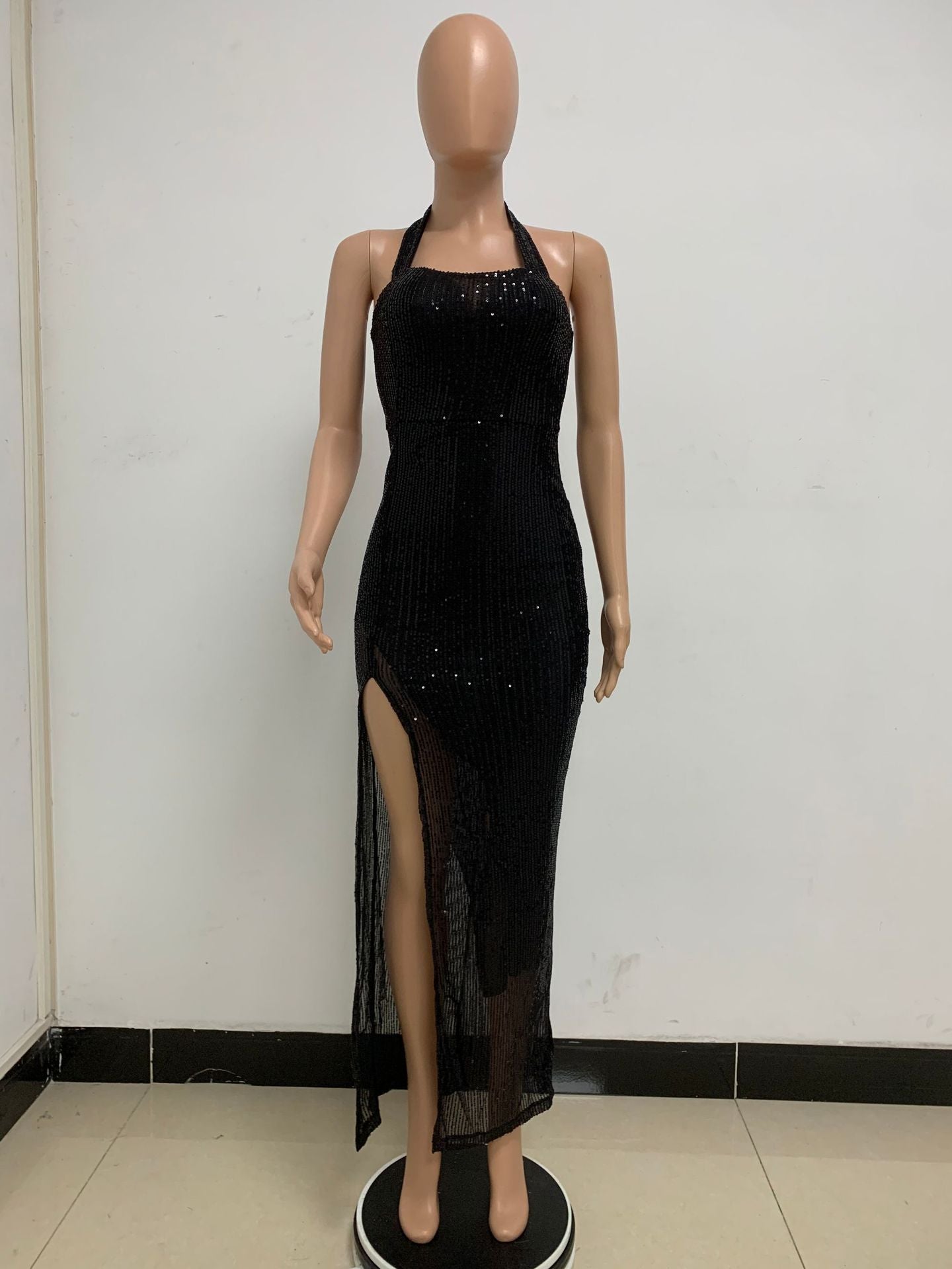 Women Sleeveless Halter Neck Backless Sequin Slit Evening Dress 76