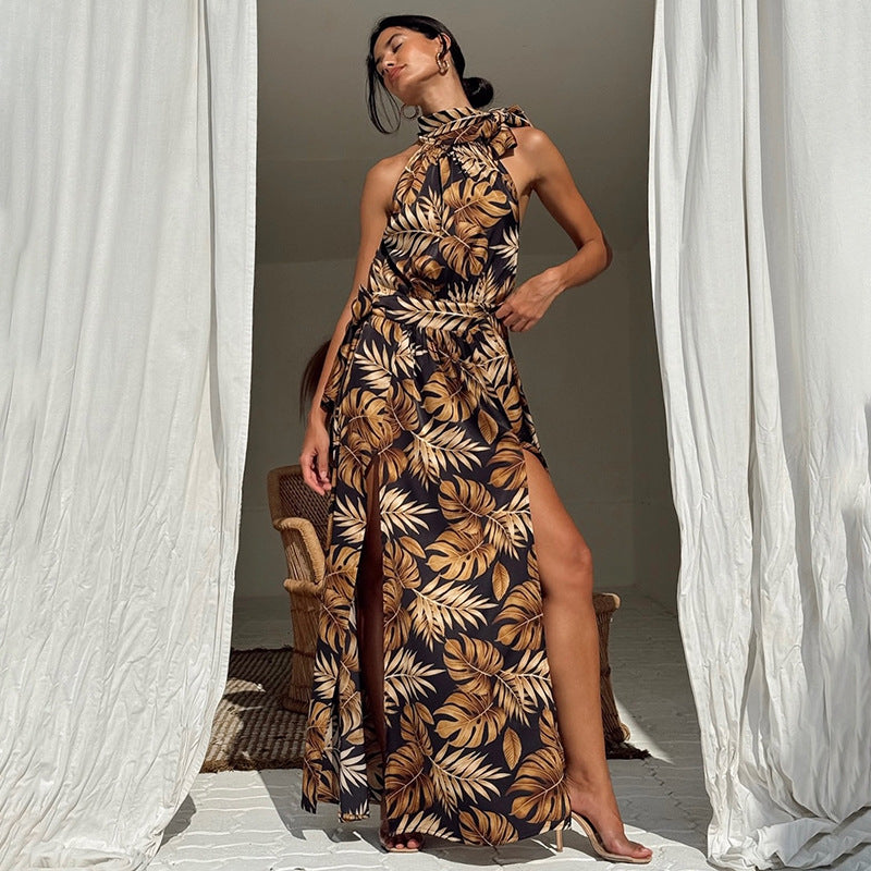 Spring Women's Fashion Print Sexy High Slit Long Dress