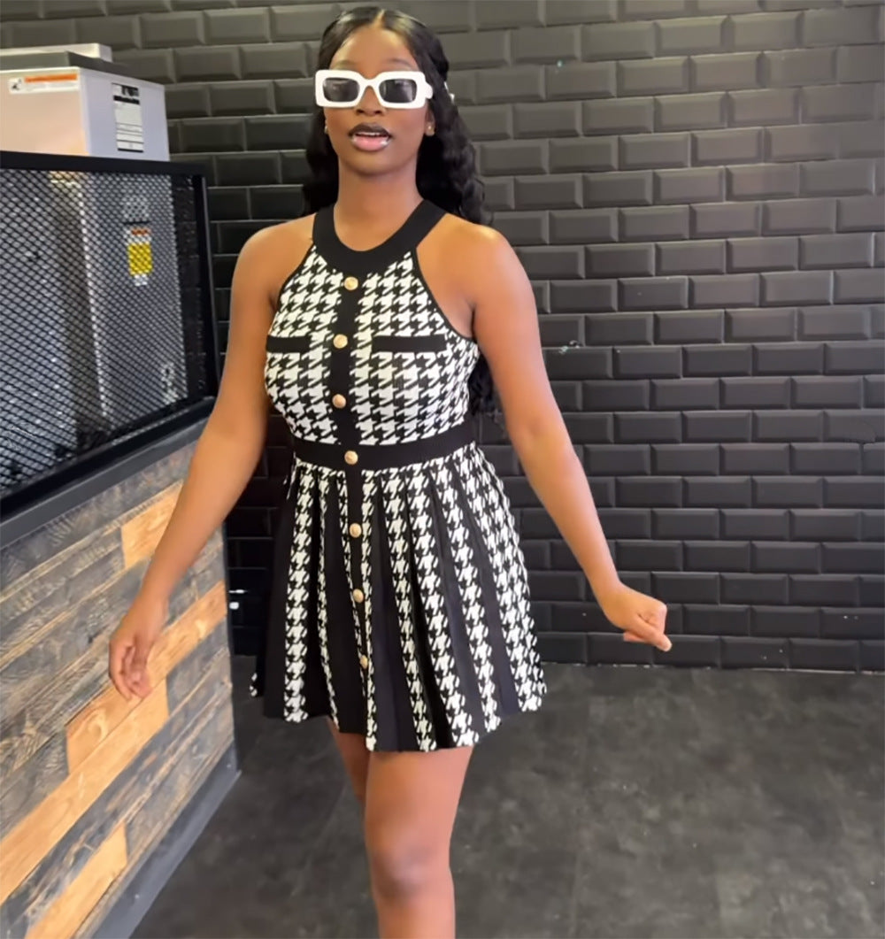 Women's Casual Dress Summer Fashion Street Houndstooth Halter Neck A-Line Dress 5