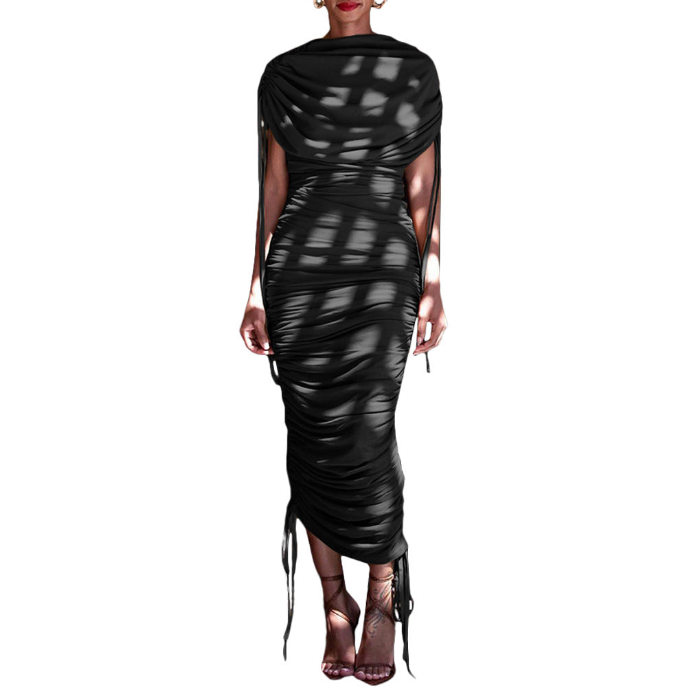 Women Solid Pleated Drawstring Zip Irregular Dress 10