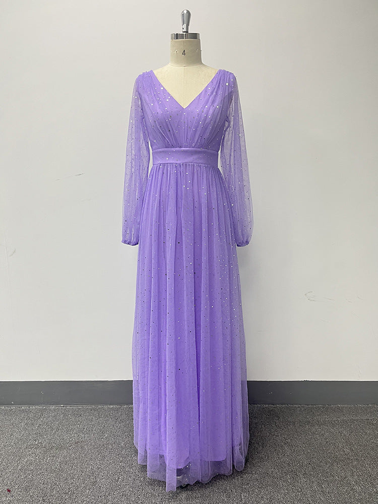 Women's Elegant V-Neck See-Through Long Sleeves Sheer Glitter Evening Gown A-Line Wedding Party Dress 9