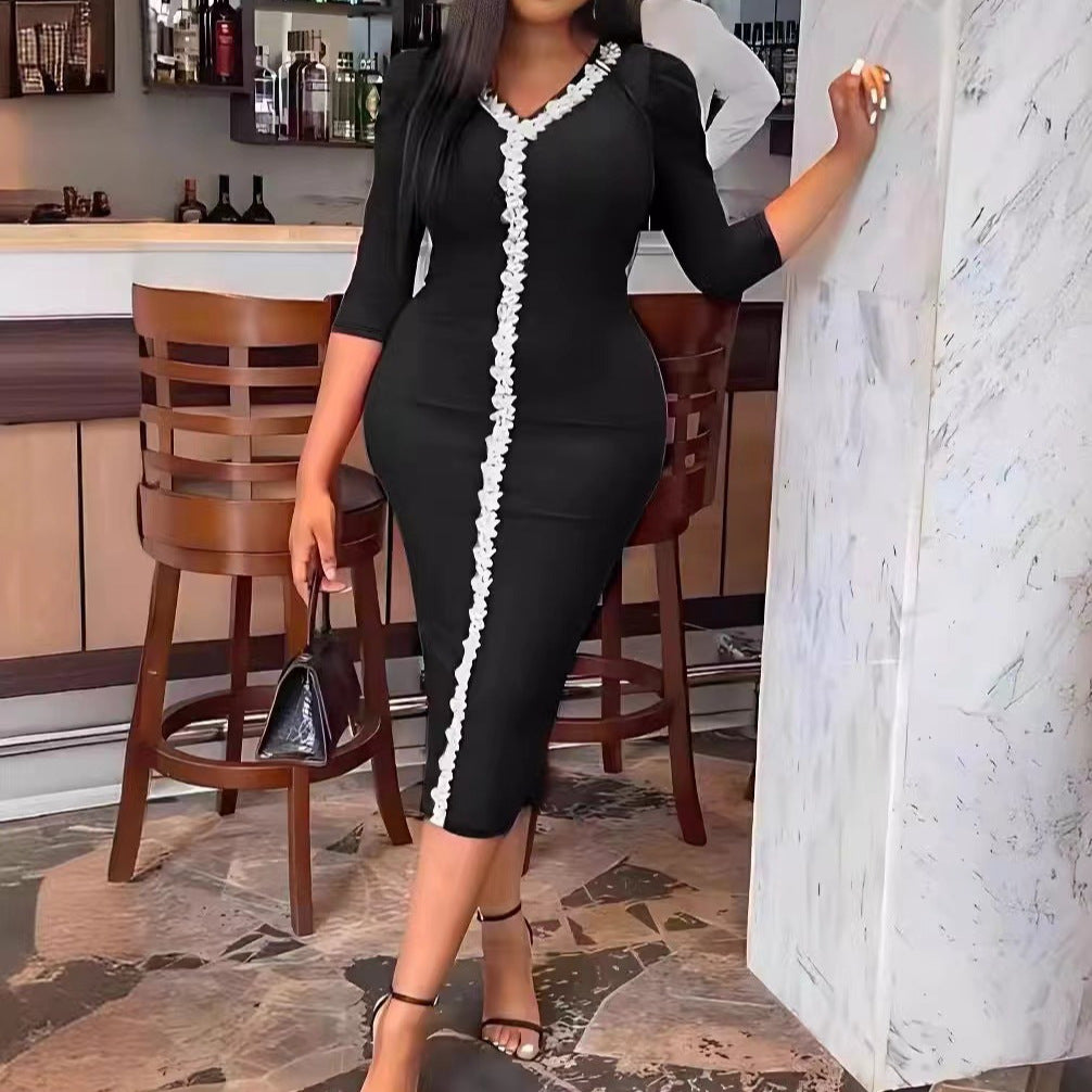 Women's Solid Color Lace V-Neck Slim Plus Size Dress 5