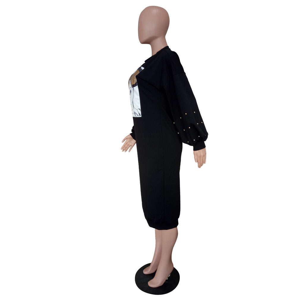 Women autumn and winter bubble sleeve beaded long-sleeved dress 8