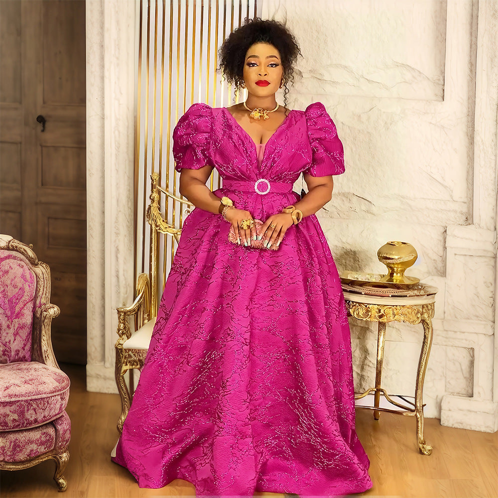 Chic Plus Size Dress Women Africa Mesh V-Neck Party Gown with Belt 4