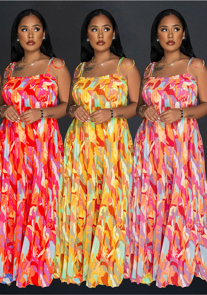 Women Sexy Printed Suspender Pleated Wide Leg Jumpsuit