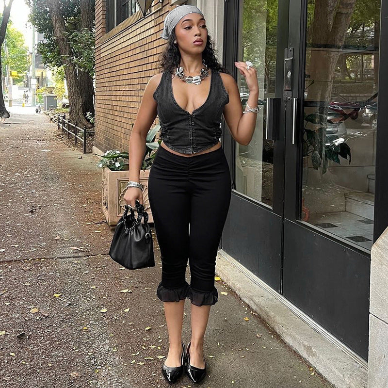 Women's Spring and Summer Ruffled V Waist Solid Color Elastic 7-point Casual Pants 28