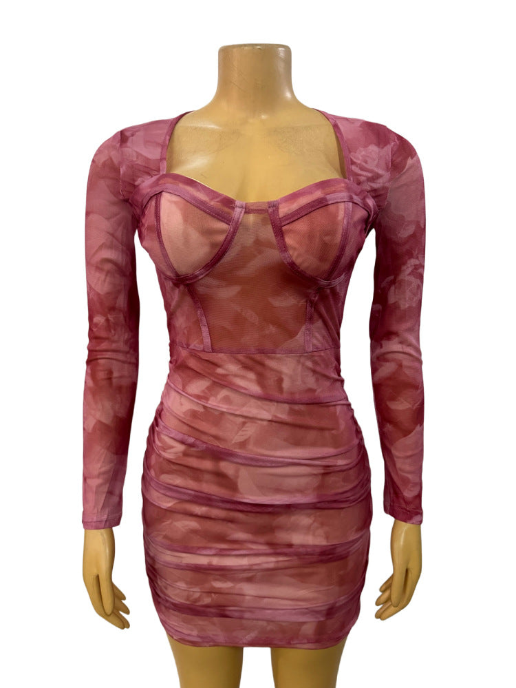 Women Mesh See-Through Sexy Pleated Bodycon Long Sleeve Dress 6