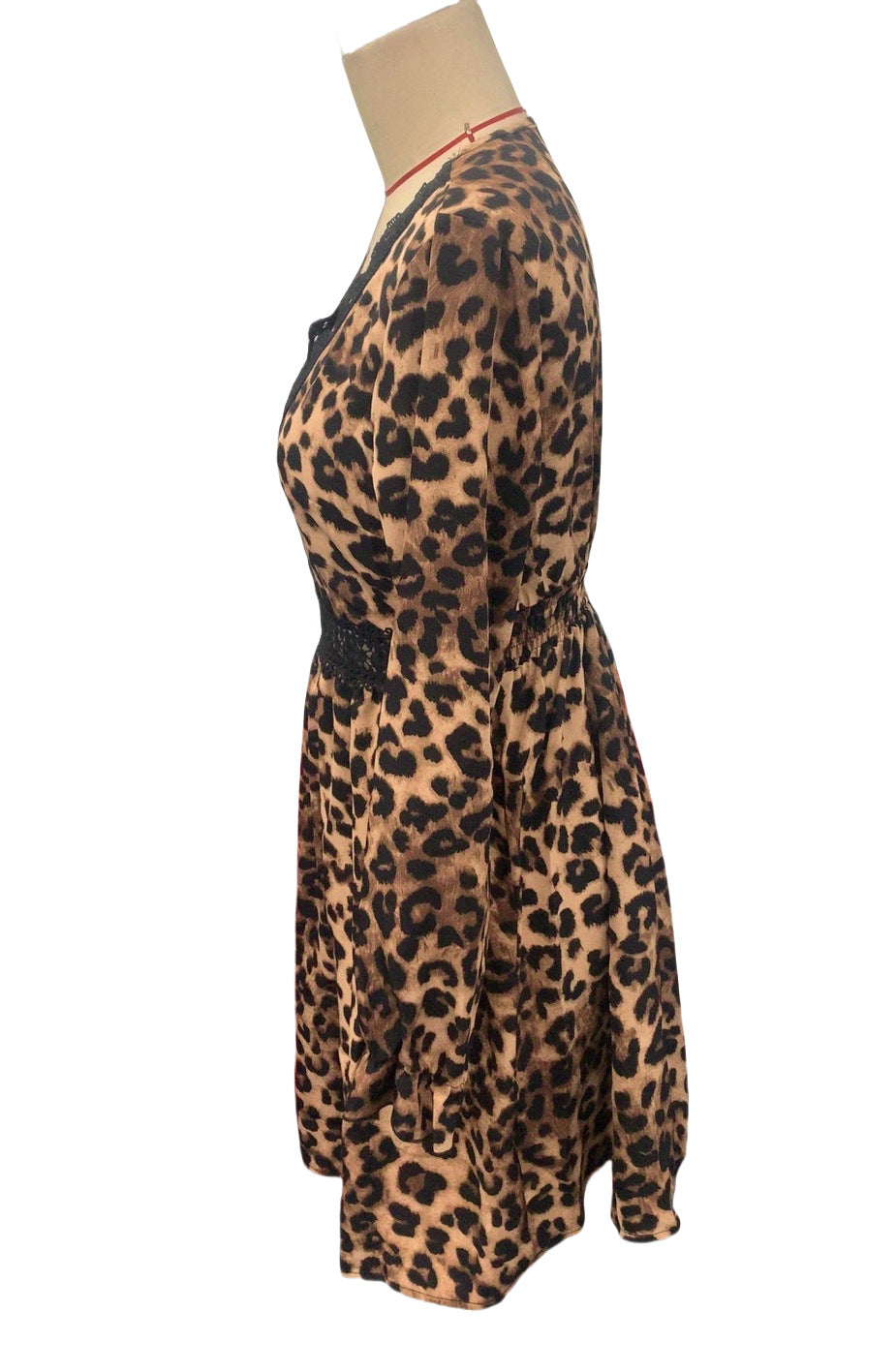 Women French V-Neck Leopard Print Long Sleeve Lace Long Sleeve Dress 9