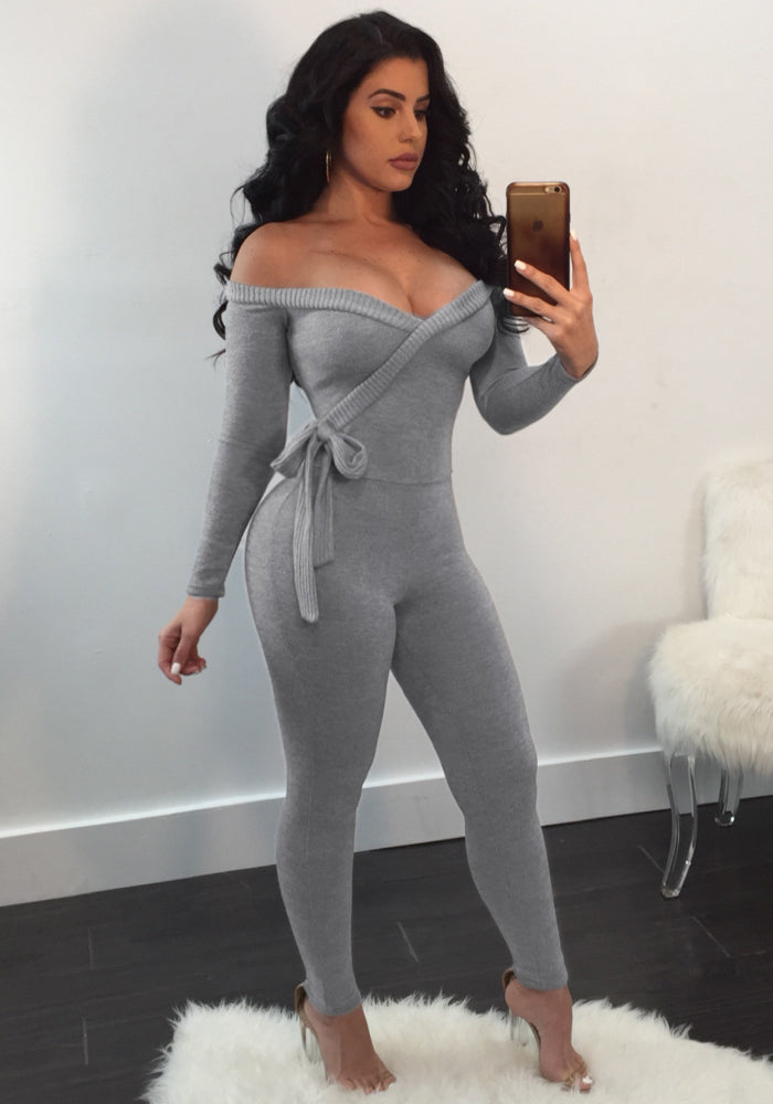 Sexy deep v women's long-sleeved off-the-shoulder Jumpsuit