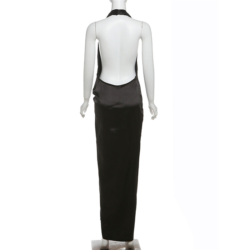 Spring Sexy Deep V Low Back Slit Solid Color Long Dress 7