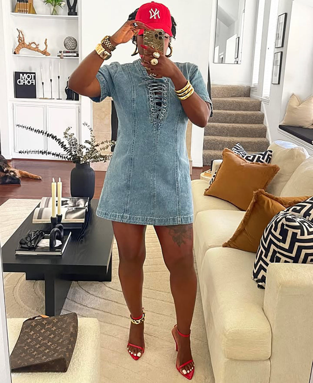 Women's Summer Street Fashion Lace-up Short-Sleeved Denim Dress 3