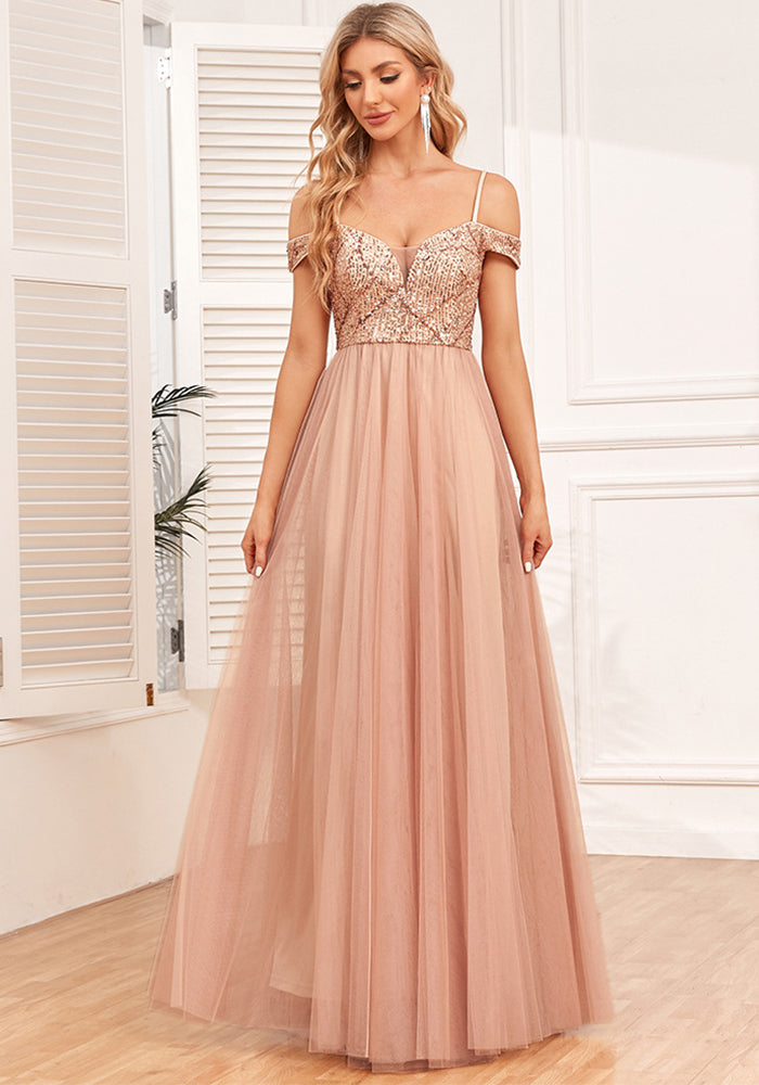 Off-Shoulder Straps Sequin Mesh Patchwork Elegant Party Dress