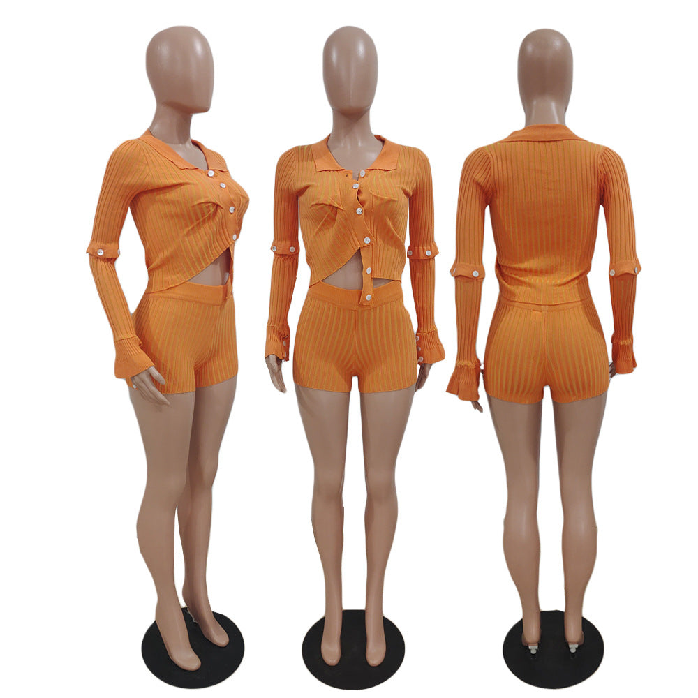 Women Striped Knitting Top and Shorts Two Piece Set 12