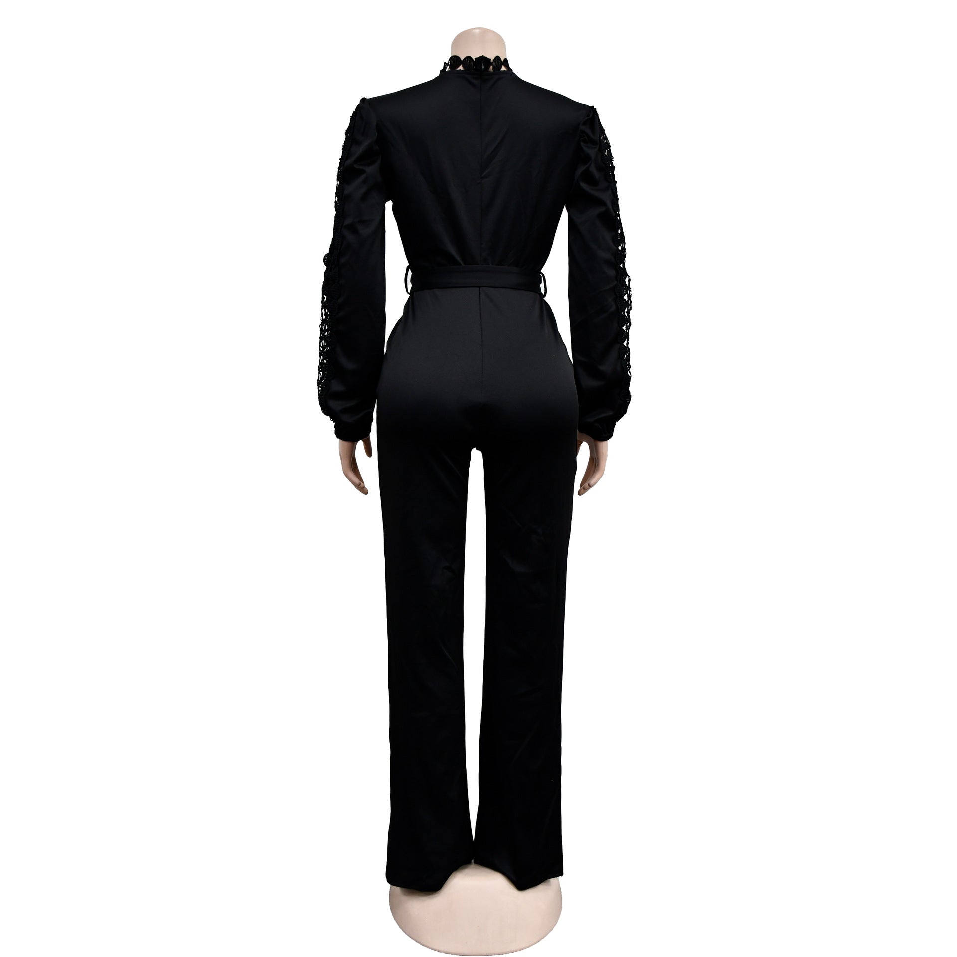 Women Belt Lace Cutout Solid Long Sleeve Jumpsuit 33