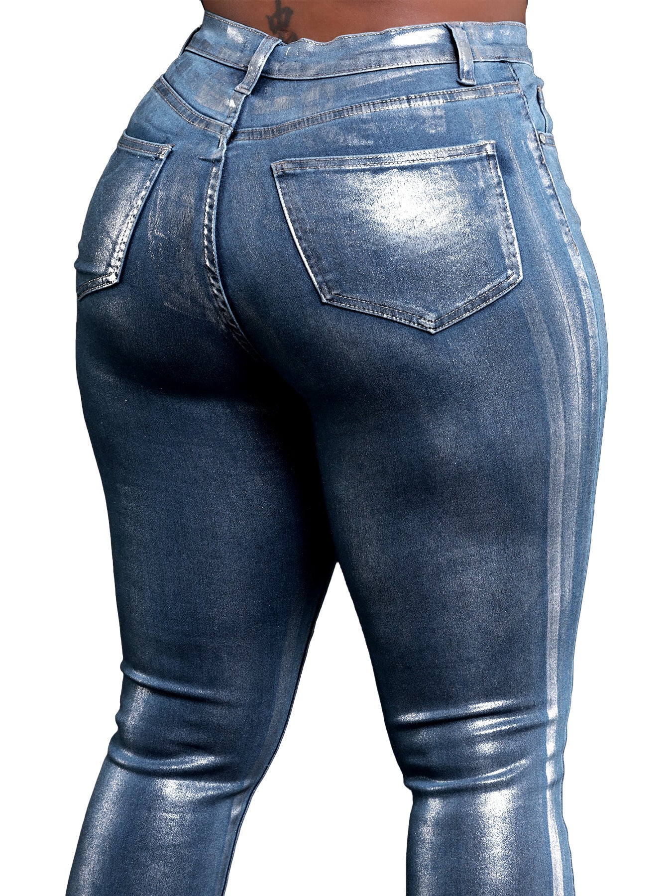 Women Shiny Hot Silver Stretch Denim Pant 5