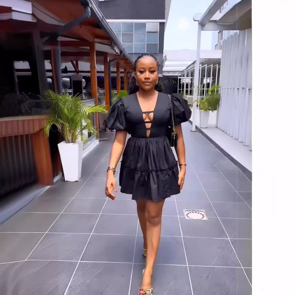 Women's Summer V-Neck Puff Sleeve Slim High Waist A-Line Dress 3