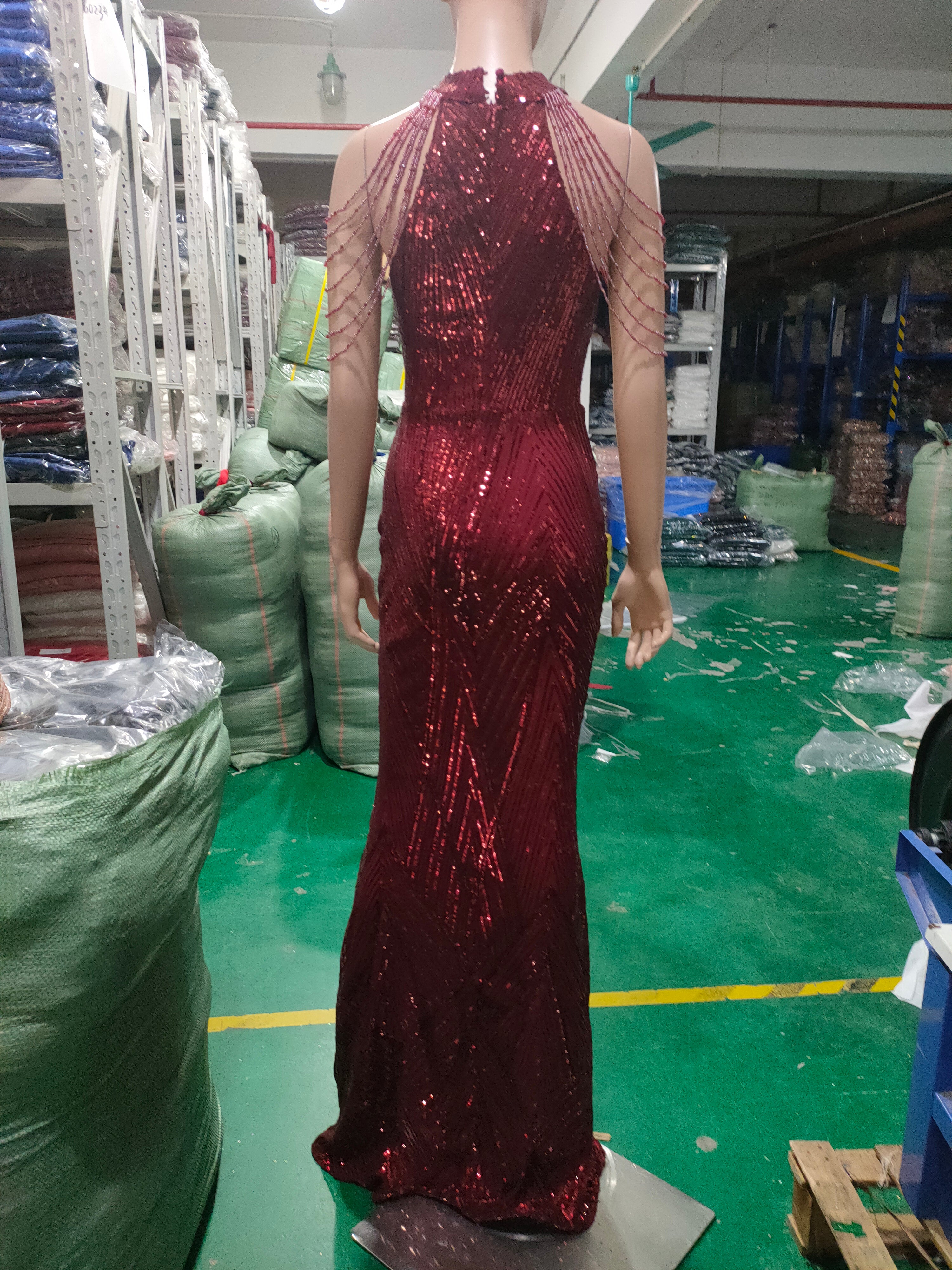 Deep V-Neck Sequined Fishtail Dress Sexy Evening Party Gown 31