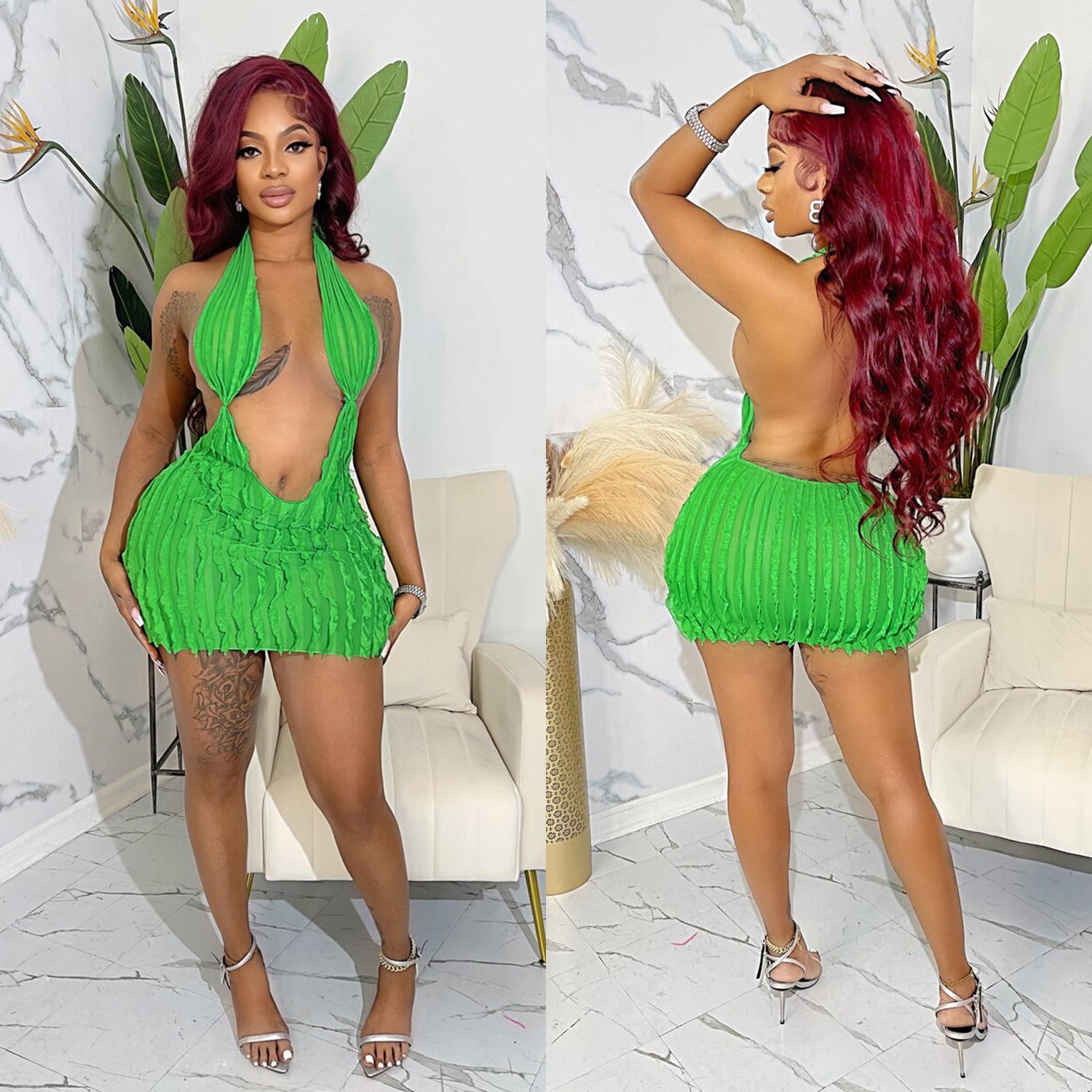 Women Solid Hollow Wave Pattern Dress 10