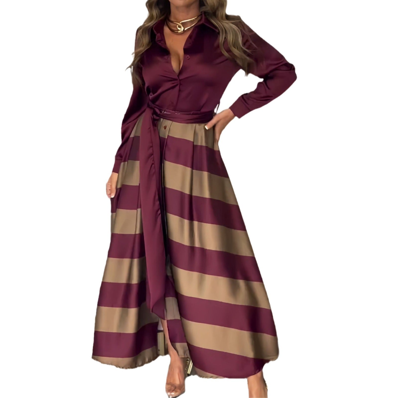 Women Autumn Fake Two-piece Long-sleeved Shirt Lace-up Striped Dress 7