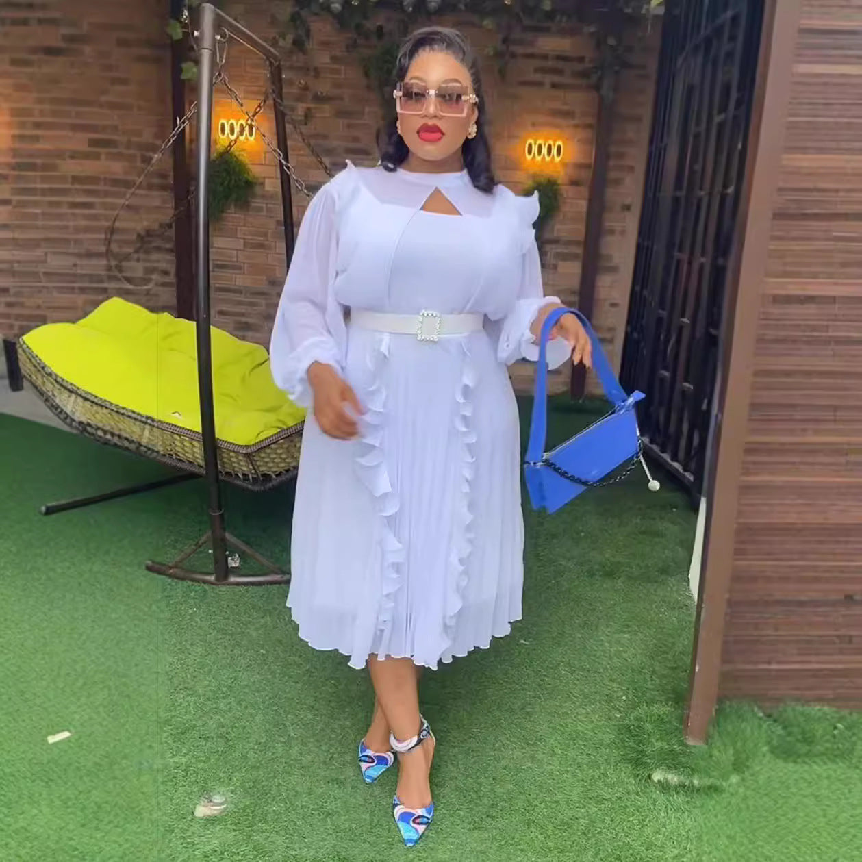 Plus Size Women's Africa Solid Color Autumn High Waist Slim Fit Ruffle Dress 4