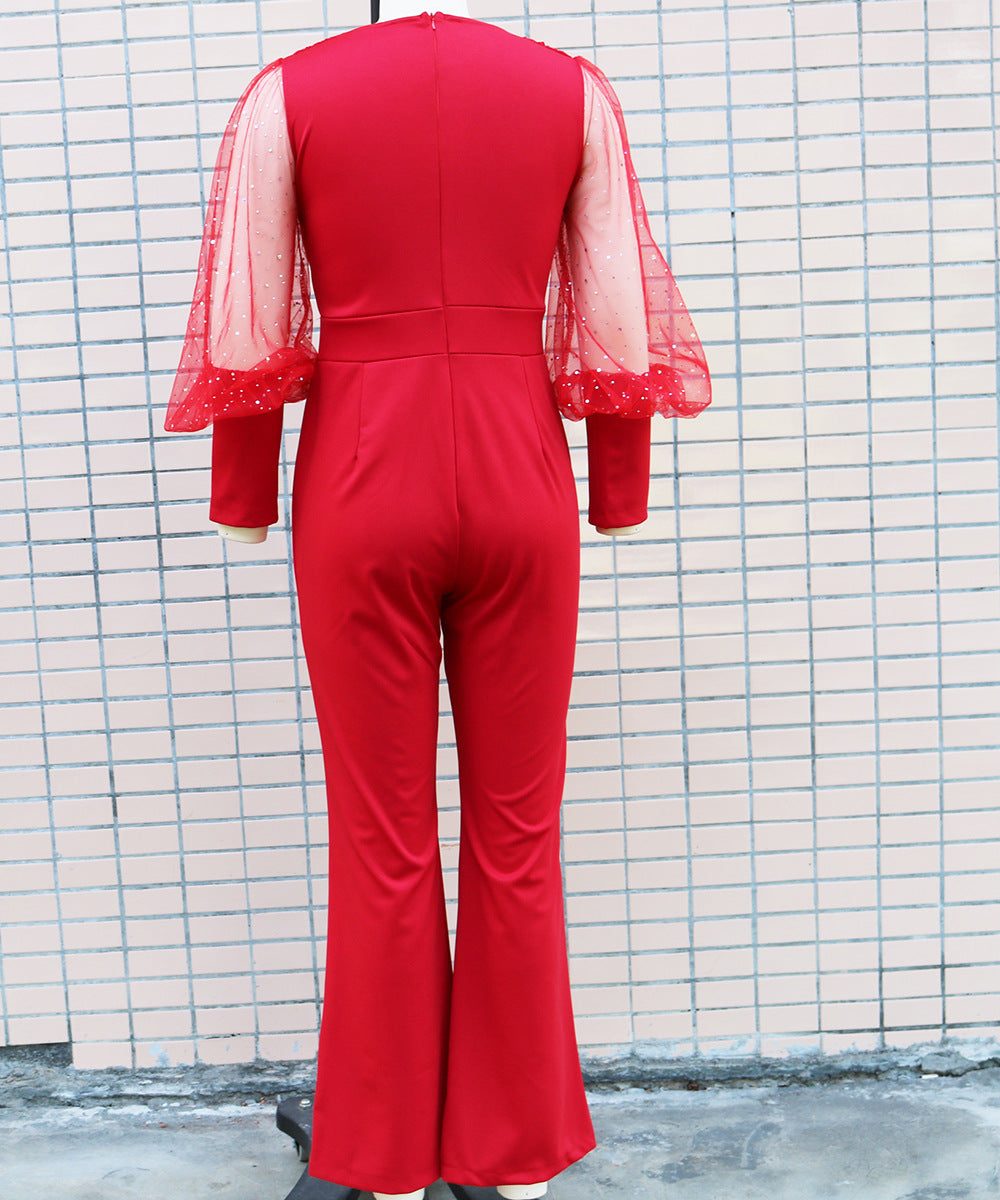 Women'S Autumn Fashion Chic Elegant V-Neck Mesh Patchwork Wide Leg Jumpsuit 19