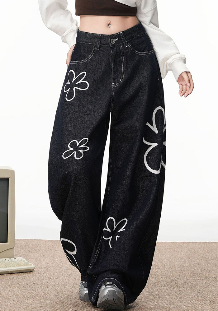 Women American Striped Floral Print Denim Pants