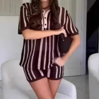 Fashion Striped Turndown Collar Short-Sleeve Top & Shorts Knit Set 5