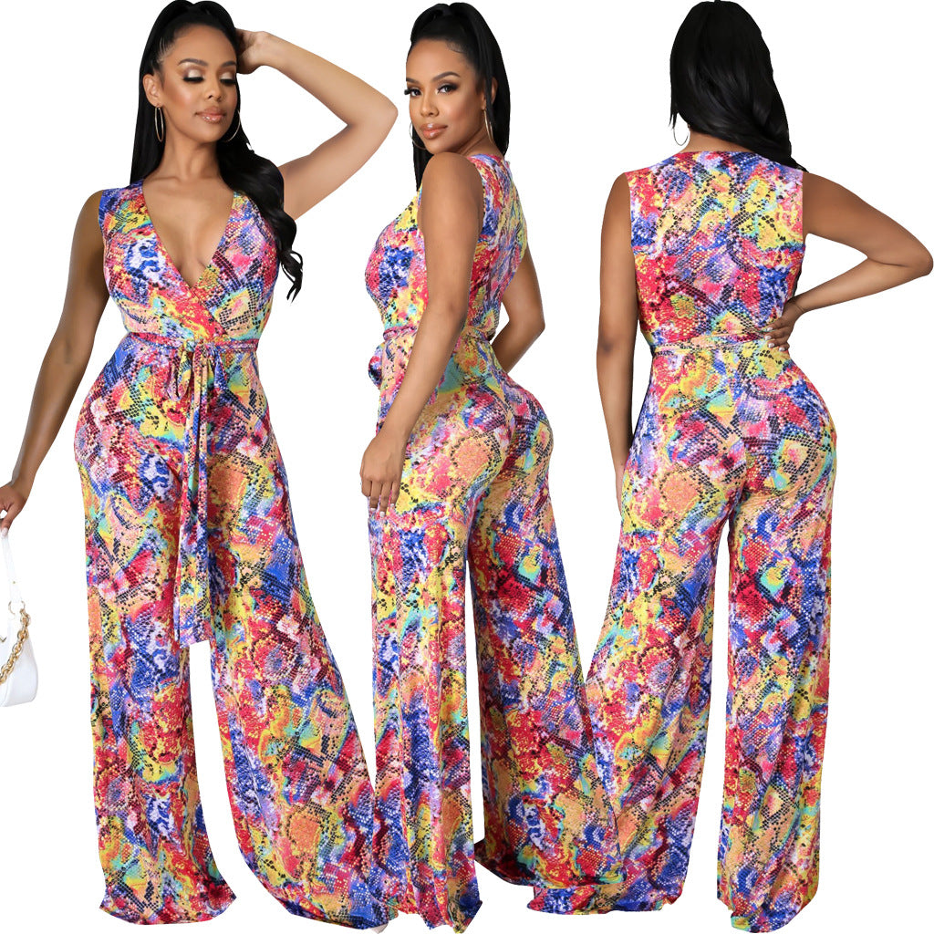 Sexy Fashion Printing Sleeveless V-Neck Jumpsuit