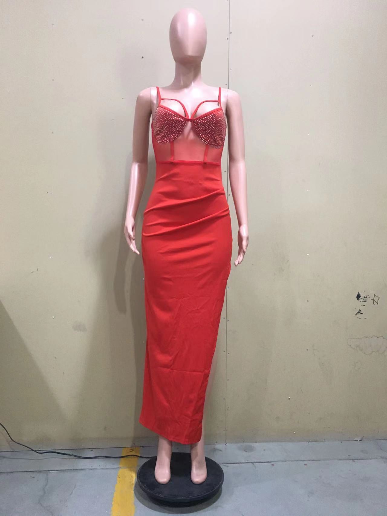 Women Summer Patchwork Mesh Beaded Slit Long Dress 24