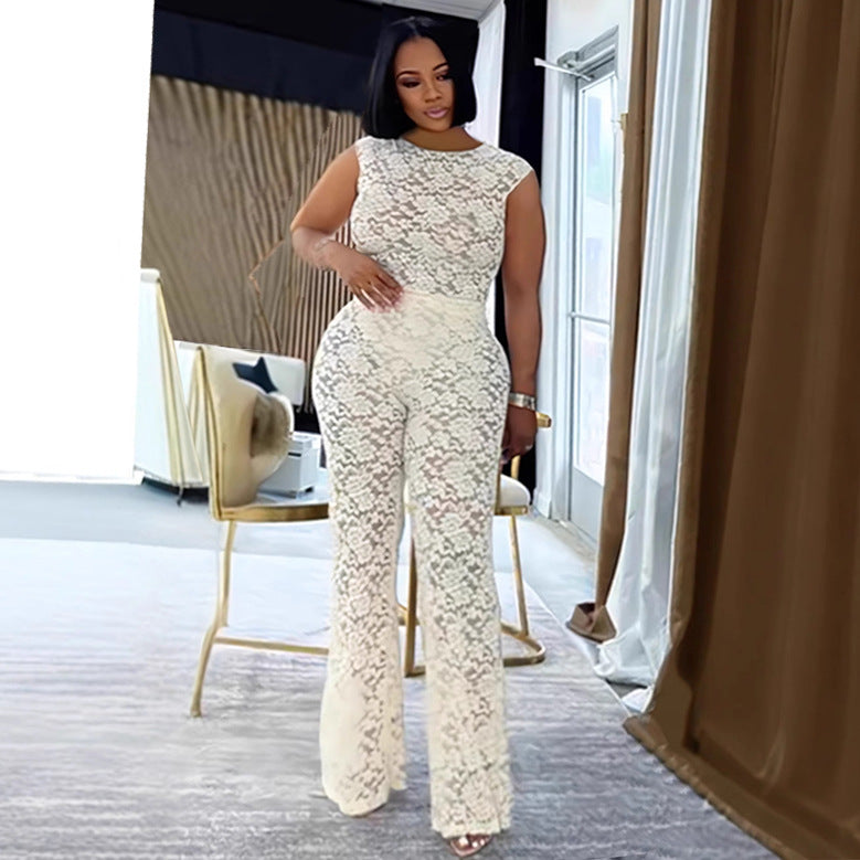 Women Elegant See-Through Lace Top and Pants Two Piece 3