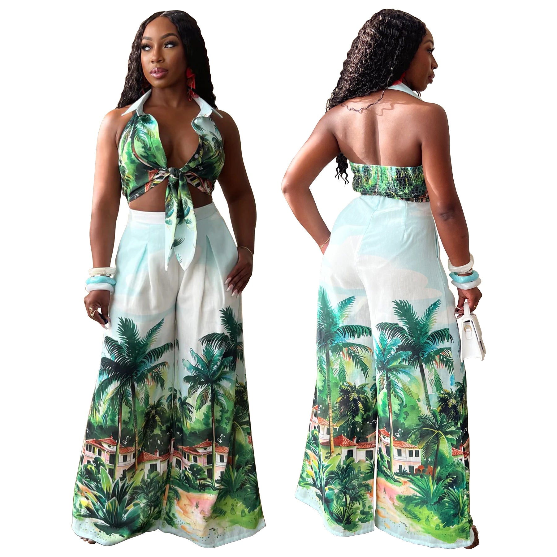 Women Printed Sleeveless Shirt and Wide Leg Pants Two Piece Set