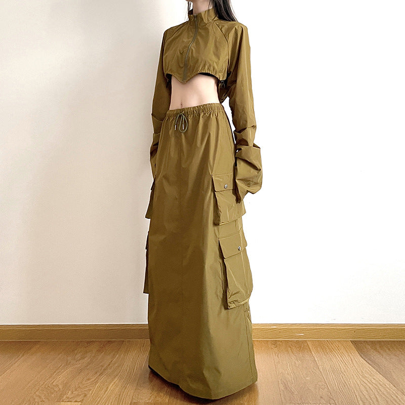 Autumn Women's Clothing Zipper Slim Long Sleeve Crop Jacket Cargo Skirt Two Piece Set 6